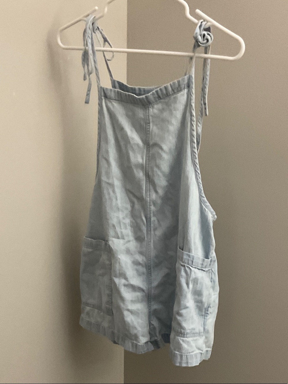 aerie Light Blue Denim Romper with Tie Straps
